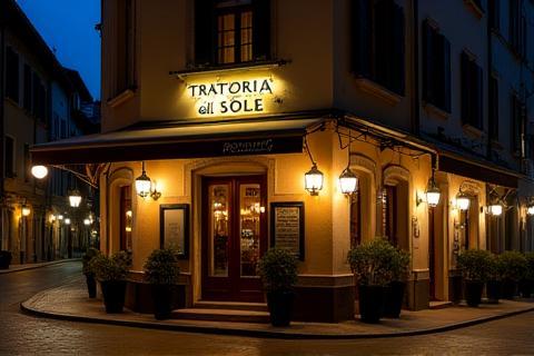 Exterior view of Trattoria del Sole at night